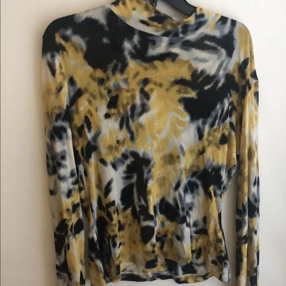 St. John Silk Mesh Top Blouse Long Sleeve Sz M Yellow Black, Sheer, Designer